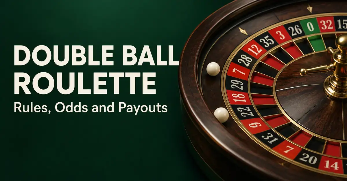 A roulette wheel with two ivory balls beside the title “Double Ball Roulette” and subtitle “Rules, Odds and Payouts” on a dark green background.