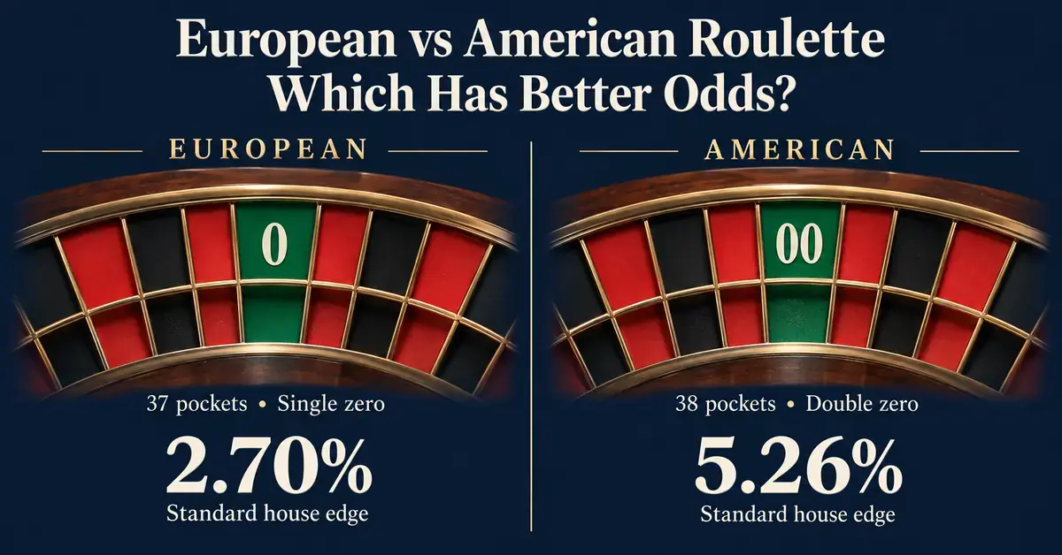 Comparison of European single-zero roulette with 37 pockets and a 2.70% standard house edge versus American double-zero roulette with 38 pockets and a 5.26% standard house edge.