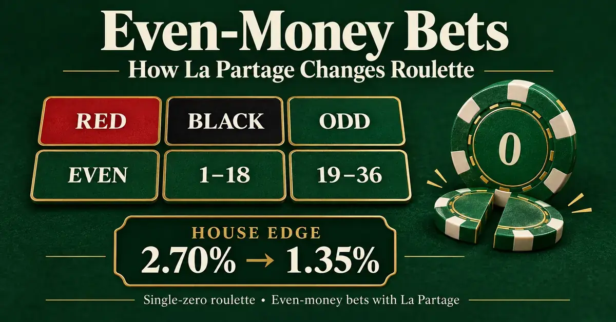 Roulette graphic showing six even-money bets and how La Partage reduces the single-zero house edge from 2.70% to 1.35%, illustrated with a split casino chip.