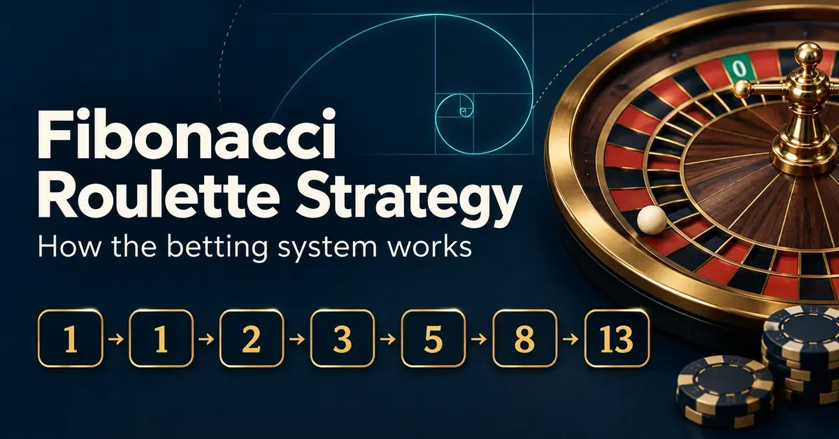 A roulette wheel and casino chips beside the Fibonacci sequence 1, 1, 2, 3, 5, 8, 13 on a navy background.