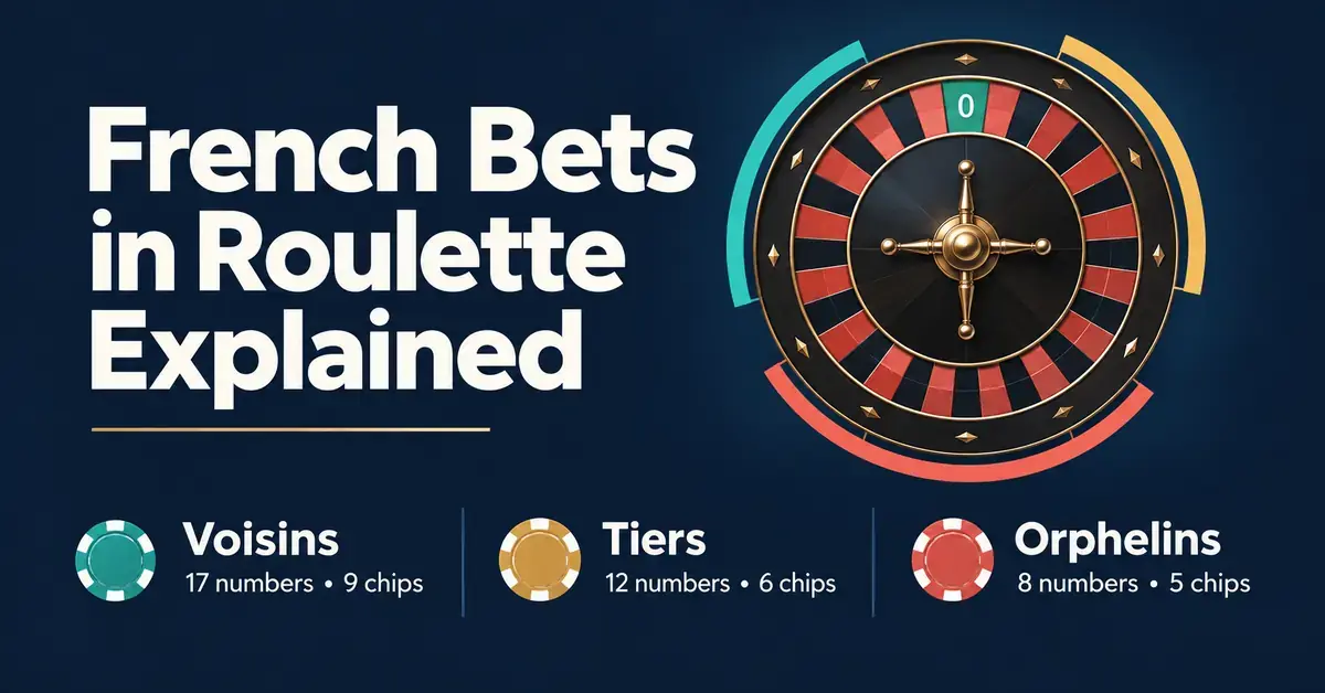 Illustrated roulette wheel with Voisins, Tiers, and Orphelins bets showing the number of covered pockets and chips required for each.