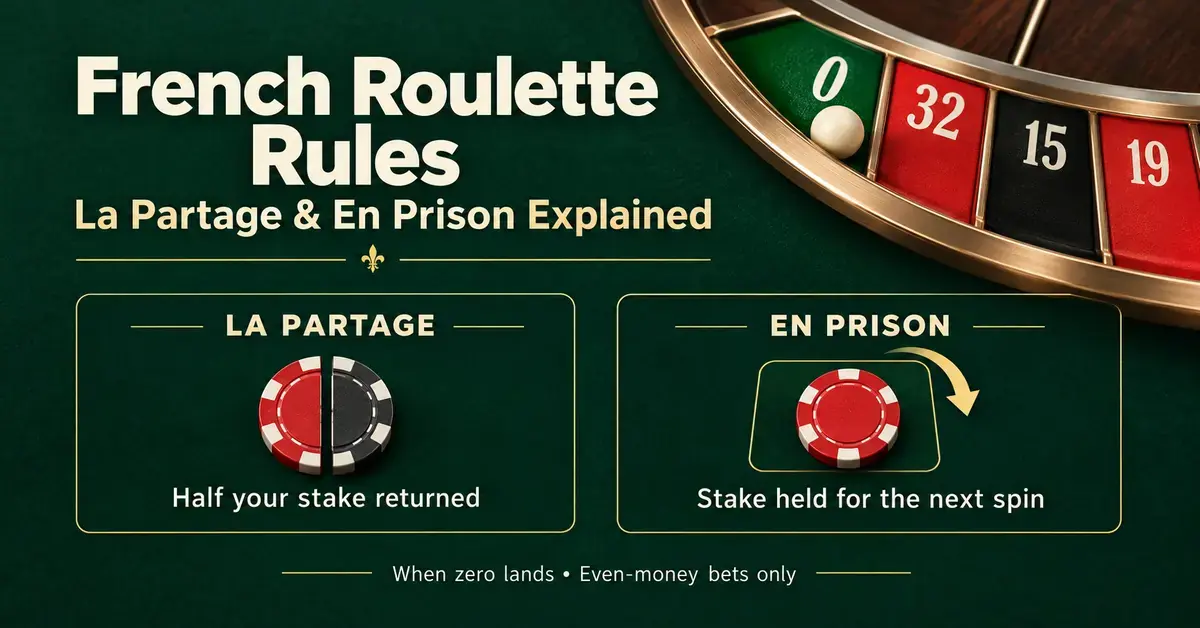 French roulette graphic showing a single-zero wheel and comparing La Partage, which returns half the stake, with En Prison, which holds the stake for the next spin on even-money bets when zero lands.