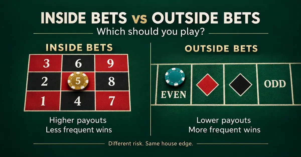 A roulette comparison graphic shows a chip on the numbered grid for inside bets and a chip on EVEN for outside bets, contrasting higher payouts and less frequent wins with lower payouts and more frequent wins.