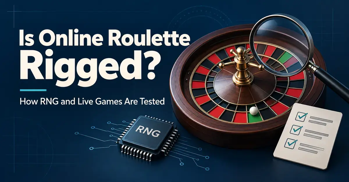 A roulette wheel under a magnifying glass beside an RNG microchip and testing checklist illustrates how online roulette games are tested.