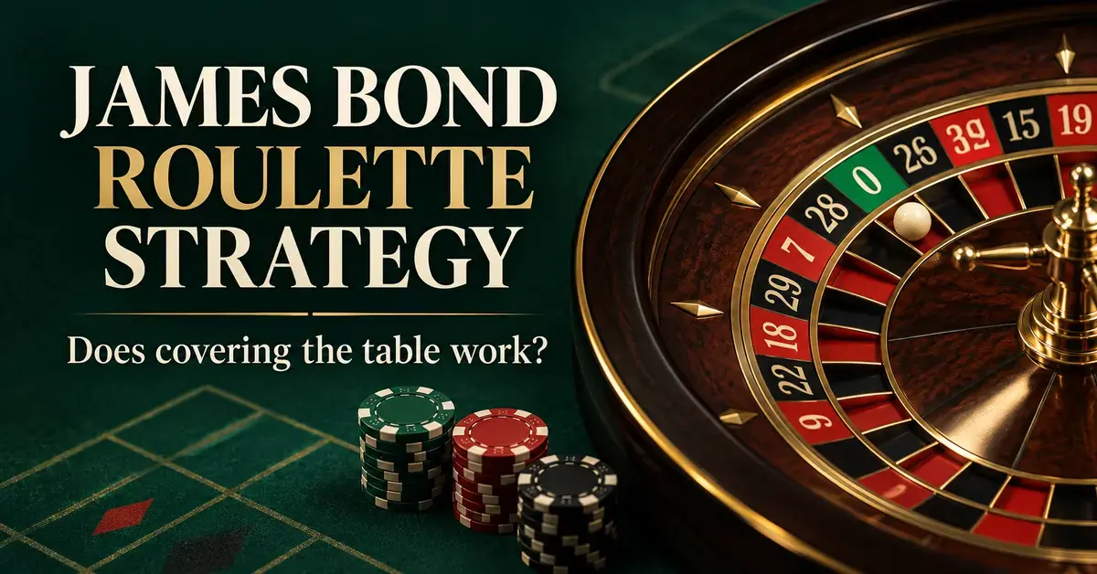 A roulette wheel and stacks of chips on green felt accompany the title “James Bond Roulette Strategy” and the question “Does covering the table work?”