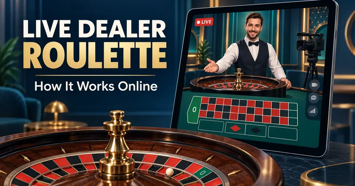 Illustration of a roulette wheel beside a tablet showing a live dealer and digital betting table, with the title “Live Dealer Roulette: How It Works Online.”