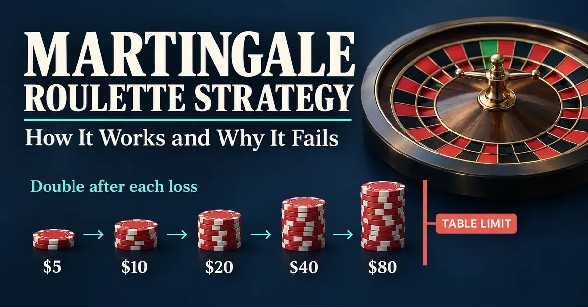 A roulette wheel and increasing chip stacks illustrate Martingale bets doubling from $5 to $80 toward a table limit.