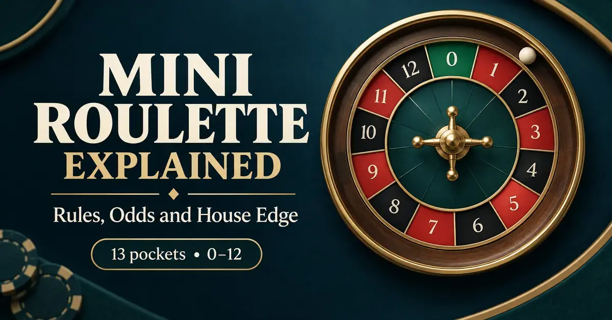 A mini roulette wheel with 13 pockets numbered 0 through 12 beside the title “Mini Roulette Explained: Rules, Odds and House Edge.”