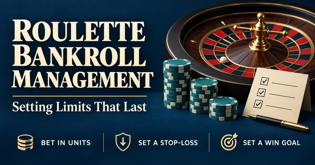 A roulette wheel, stacked chips, and a checklist illustrate bankroll management with reminders to bet in units, set a stop-loss, and set a win goal.