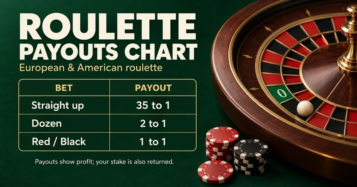 A roulette wheel and chips beside a chart showing payouts of 35 to 1 for straight up, 2 to 1 for dozen, and 1 to 1 for red or black bets.