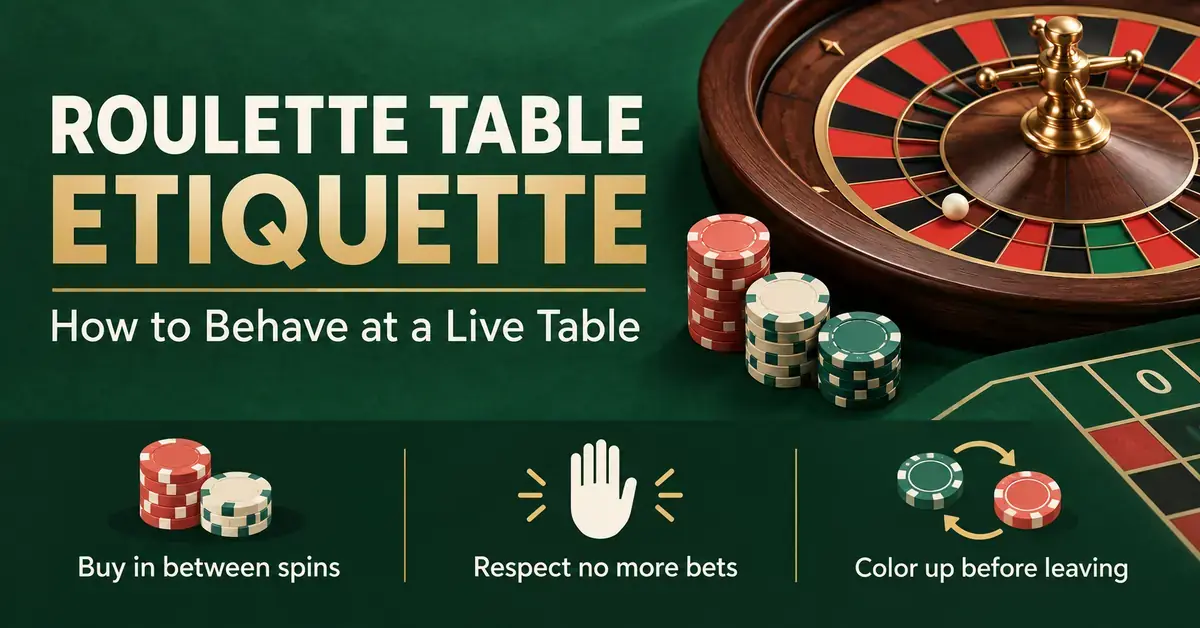 Roulette wheel and colored chips with etiquette reminders to buy in between spins, respect no more bets, and color up before leaving.