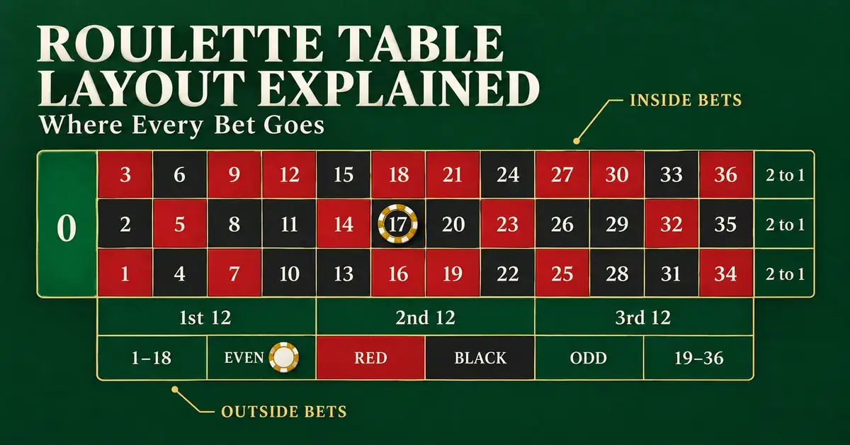 European roulette table layout showing the green zero, numbered grid, and labeled inside and outside betting areas.