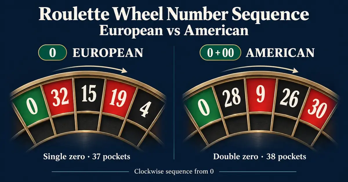 European and American roulette wheel sections show their different clockwise number sequences from zero and compare single-zero and double-zero layouts.
