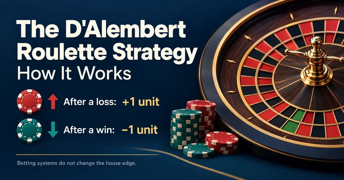 A roulette wheel and casino chips illustrate the D'Alembert strategy of raising bets one unit after a loss and lowering them one unit after a win, with a reminder that betting systems do not change the house edge.