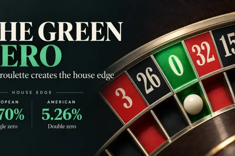 A roulette wheel’s green zero pocket is highlighted beside the house edges of 2.70% for European roulette and 5.26% for American roulette.