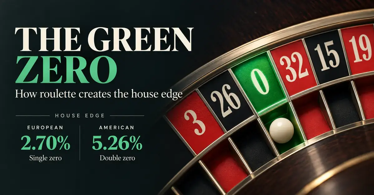 A roulette wheel’s green zero pocket is highlighted beside the house edges of 2.70% for European roulette and 5.26% for American roulette.