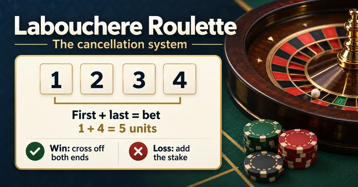 Graphic showing the Labouchere roulette sequence 1–2–3–4, a five-unit opening bet, and instructions to cross off both ends after a win or add the stake after a loss, beside a roulette wheel and chips.