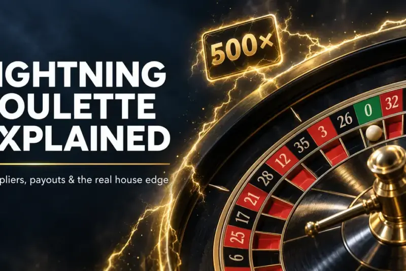 A roulette wheel framed by golden lightning and a 500× multiplier beside the title “Lightning Roulette Explained” and a subtitle about multipliers, payouts and the real house edge.