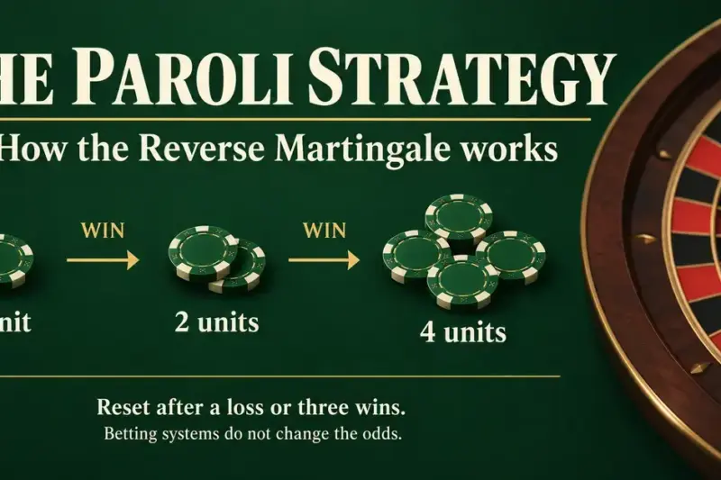Paroli roulette strategy graphic showing bets increasing from one to two to four units after wins, with a reset after a loss or three wins and a reminder that betting systems do not change the odds.