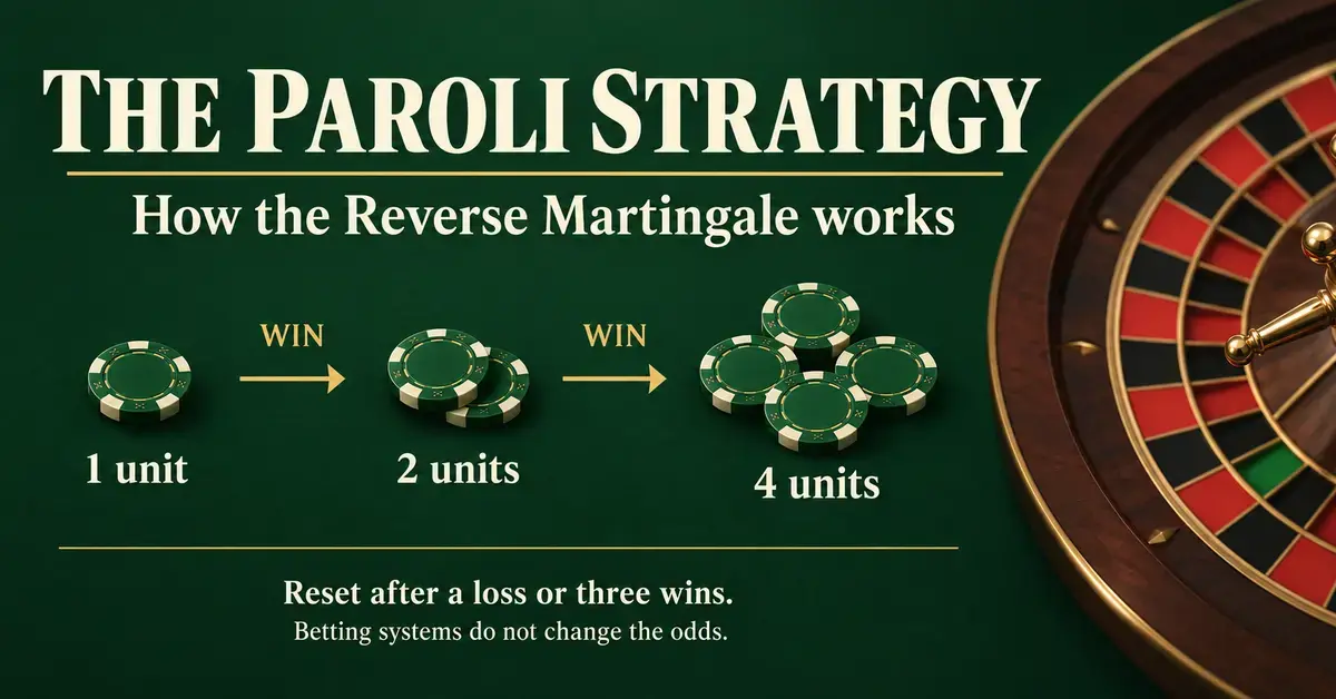 Paroli roulette strategy graphic showing bets increasing from one to two to four units after wins, with a reset after a loss or three wins and a reminder that betting systems do not change the odds.