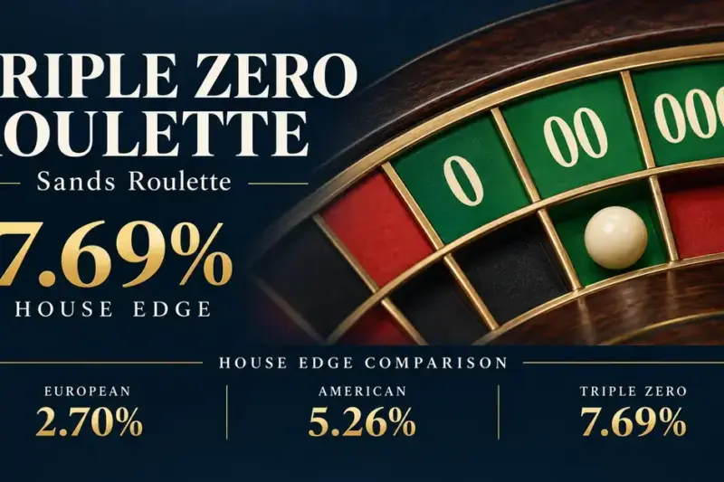 Triple zero roulette graphic showing green 0, 00 and 000 pockets and comparing house edges of 2.70% for European, 5.26% for American and 7.69% for triple zero roulette.