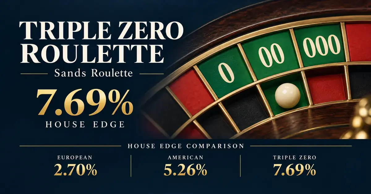 Triple zero roulette graphic showing green 0, 00 and 000 pockets and comparing house edges of 2.70% for European, 5.26% for American and 7.69% for triple zero roulette.